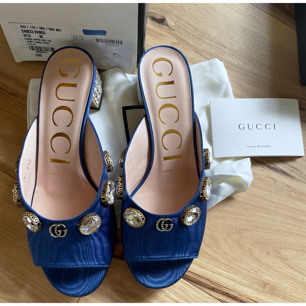 New in Box GUCCI Moire Fabric Crystal Embellished Lyric Blue Slide Sandals 36